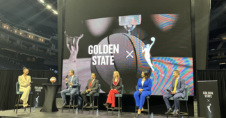 WNBA commissioner Cathy Engelbert, Golden State Warriors owner Joe Lacob and others answer the questions from Malika Andrews during the introduction of the Golden State WNBA team, set to play in 2025. (Photo via Alex Simon/SFGate)